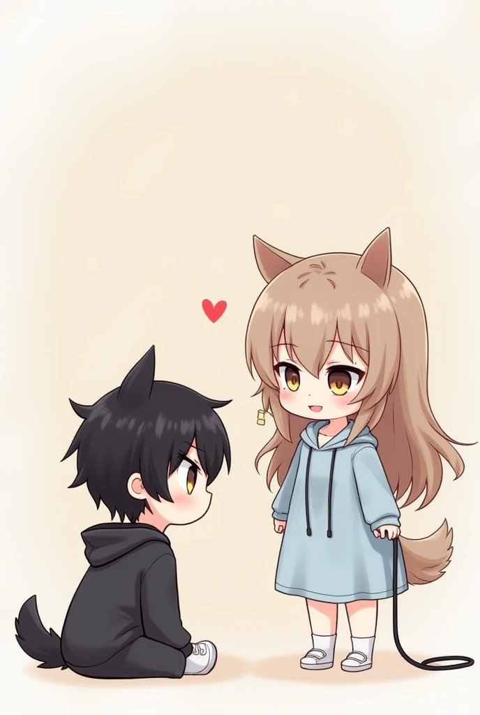 SD cute chibi anime A black-haired, golden-eyed boy wearing a black hoodie was sitting with a collar and leash acting like a dog. A girl with long light brown hair and light blue eyes in a light blue dress stood on a leash showing her love to the boy.