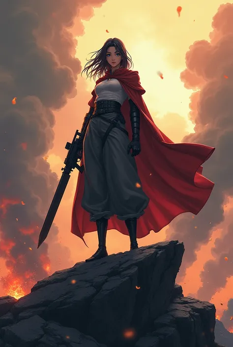 a anime men or women leader standing on a rock, the background is war. The character take a gun or any weapon.