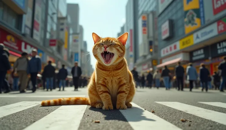 aerial shot,movie scene,realistic,high angle shot,An orange cat as big as Godzilla. Sitting and yawning in the middle of Shibuya Scramble Crossing, Japan. People were shocked, the sky was clear, the morning sun was shining.A large paper coffee cup fell ove...