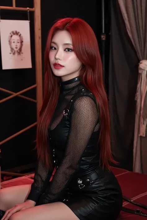 Seolhyun Goth metal pretty Girl. No Tattoo, On her knees. Hands on knees. Pretty face. High detail. Fishnet. Gothic room. Beautiful. Red/black Hair. Poster, Cozy, leather skirt, Wet Hair, Makeup, Masterpiece, Super Detailed, Textured Skin, 