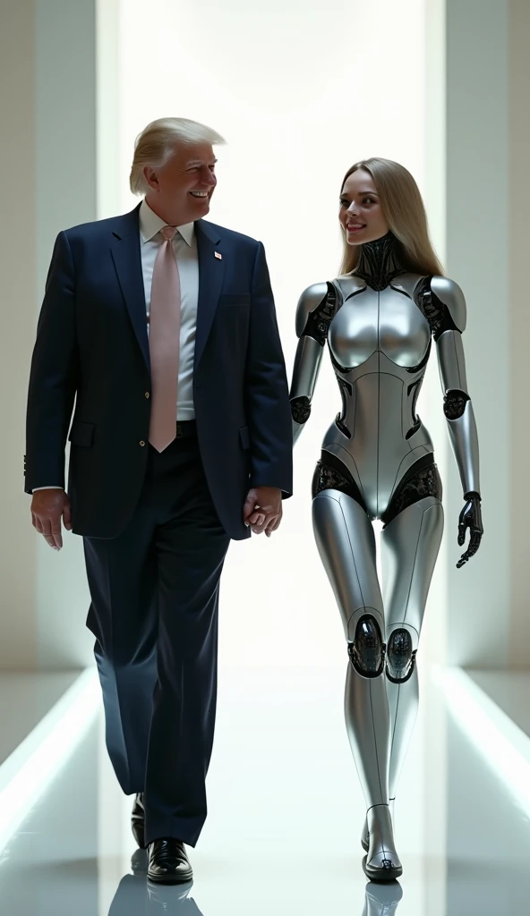 "An elegant scene featuring Donald Trump walking hand-in-hand with a beautiful humanoid female robot. The robot has a sleek, futuristic metallic body, yet her head resembles a gorgeous human woman with smooth features and long hair. Both are smiling warmly...