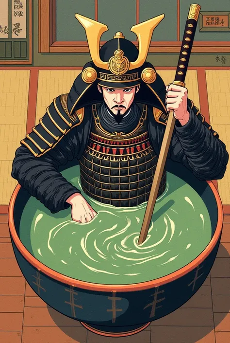 Sure, here is a prompt for an ukiyo-e print of a samurai, wearing a kabuto helmet, submerged in a tea bowl filled with matcha. He's holding a katana as if it were a chopstick. The background is a traditional Japanese tea house. Top-down view, woodblock pri...