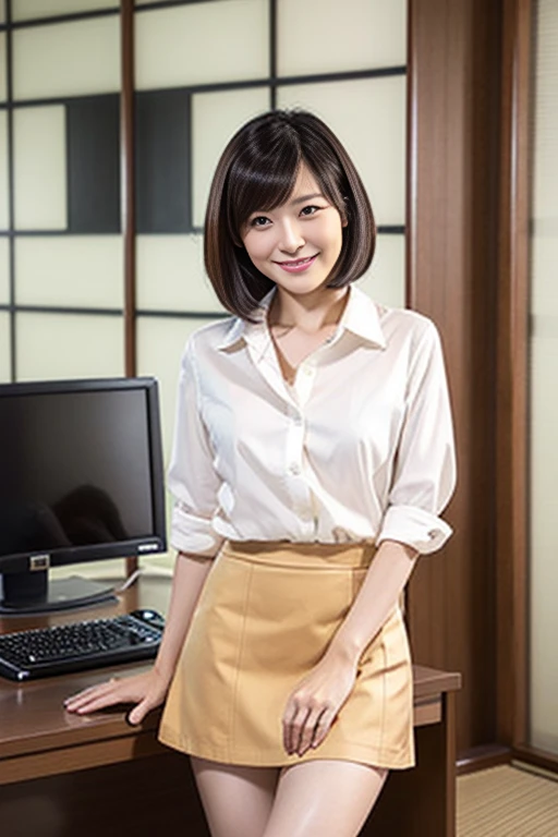 A 40-year-old Japanese woman with small breasts and short black hair、Wear a white shirt and a short skirt at the office、, open my legs, touch my inner thighs, and smile。My chest is also touching。