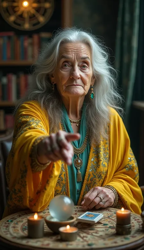 " A captivating depiction of a seer   , about 95 years old   ,    exuding an air of mystery and wisdom   .    She has penetrating eyes that seem to see beyond the present   ,    framed by fine lines that add character to your face   . Your long,    wavy ha...