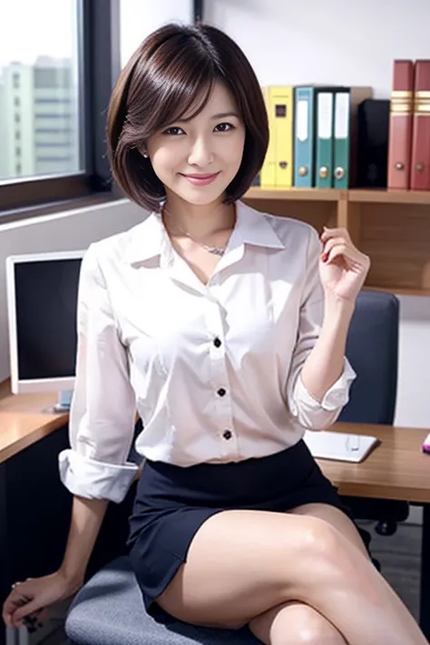 A 40-year-old Japanese woman with small breasts and short black hair、Wear a white shirt and a short skirt at the office、, open my legs, touch my inner thighs, and smile。My chest is also touching。