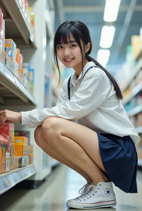 (photo:1.3),portrait photo,Masterpiece, nsfw,8k,photo realistic,full body shot,shooting from below,(1 girl,  slender body, flat chest:1.3, Wide pelvis,  Small Ass, toned limb),(13yo Japanese girl  ,149 cm tall,pale skin),convenience store,one hand reached ...