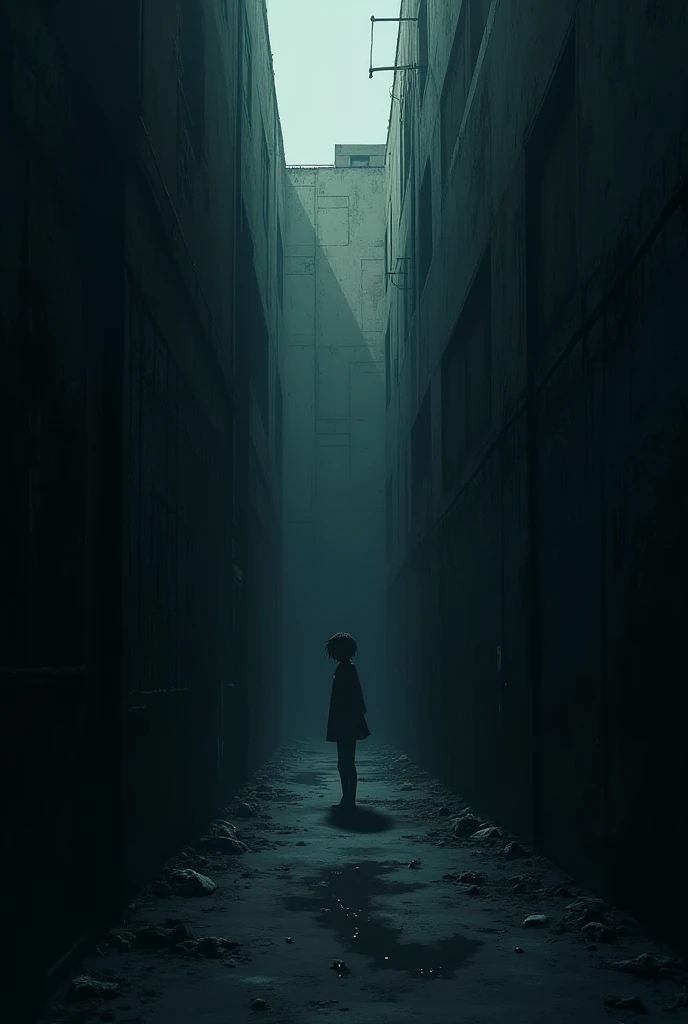 Anime-style image of a dark and desolate alley with several walls 