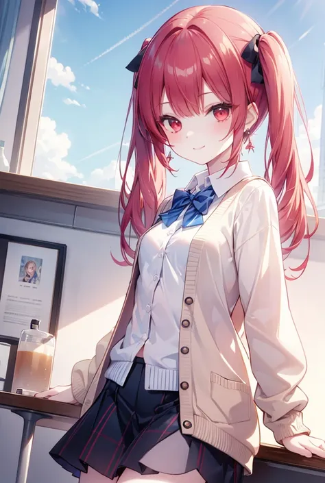 red-haired red eyes、 girl、small breasts、twin tails、smile、gal girl、wearing cute earrings、uniform、knit cardigan、Has eye highlights、School、blue sky