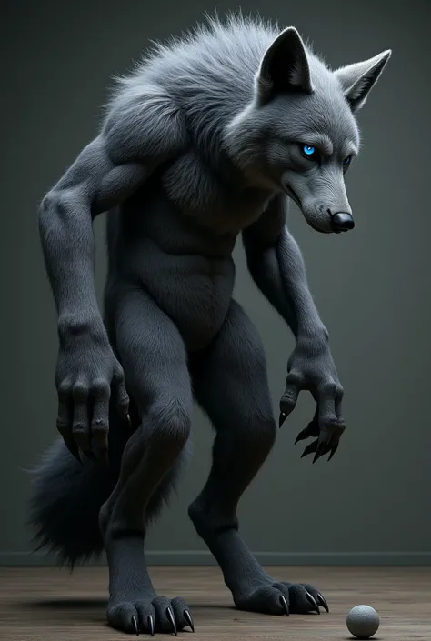 An nsfw Ultra realistic full body art of a fully grown adult skinny slim dark grey male anthro wolf fursuit with a big bushy tail, claws on his fingers and blue eyes showing off with his thick long cock that has an erection and his balls hanging below it 