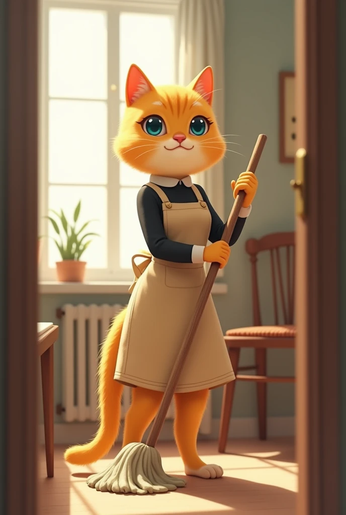 A yellow anthropomorphic cat, resembling a young woman, is depicted in a digital painting style.  The cat is positioned slightly off-center towards the left side of the image. She is facing forward, looking at the viewer. The cat has light blue eyes, a bra...