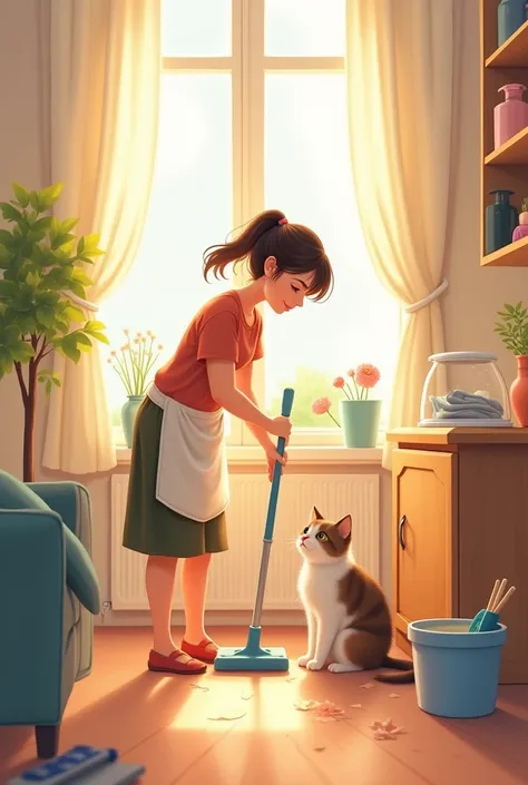 cute housekeeper love cat and cleaner