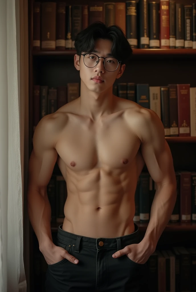 A handsome Korean teenage bookworm with glasses and a slim body, showing off his broad chest and six-pack abs. With a library in the background.