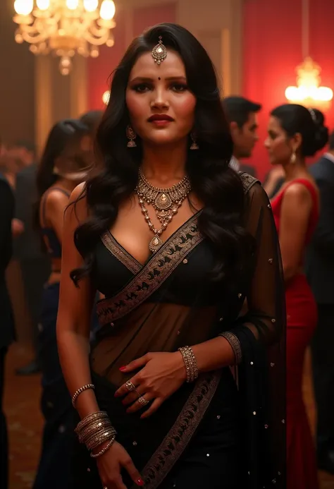 sexy Indian busty women , wearing black colour silk saree , big boobies , belly button showing , long curly hairs , earrings , wearing ornaments , slutty make up , red lips , standing in party functions , 8k resolution , photorealistic , ultra realistic 