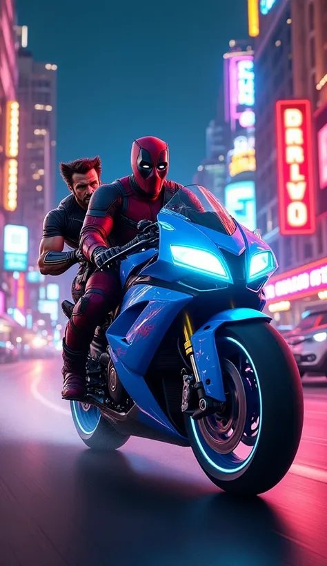 Create Wolverine and Deadpool riding a neon blue racing motorcycle touring the streets of Las Vegas that highlight the Primary colors that look very bright and beautiful 