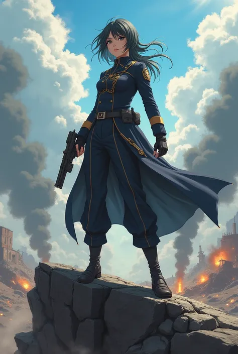 a anime men or women leader standing on a small rock, the background is war. The character take a gun