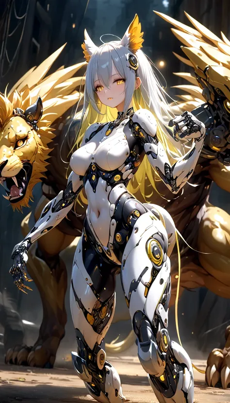  CyberChimera。Machine Girl。Steel Body 。 Cyber。lion face 。Serpent's Head、Both wings。 monster 。 mechanization。Non-human。Metallic Skin。Horse body。Heavy machinery。Fierce Beast Claw 。Chimera。 on all fours