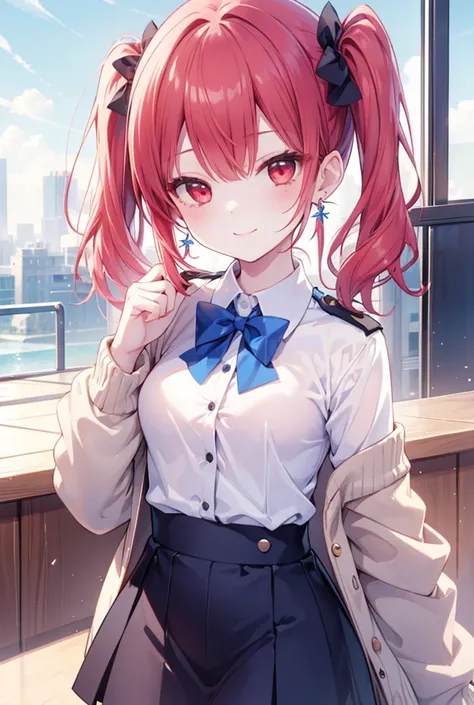 red-haired red eyes、 girl、small breasts、twin tails、smile、gal girl、wearing cute earrings、uniform、knit cardigan、Has eye highlights、School、blue sky