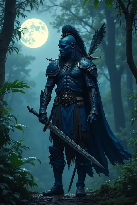  In the middle of the image from the side I'm not big a black warrior like an orixa ogum,  holding his sword with his blue armor . From the back to him an image of an Indian warrior with a plume ,  on the top left side a bright full Moon,The background of ...