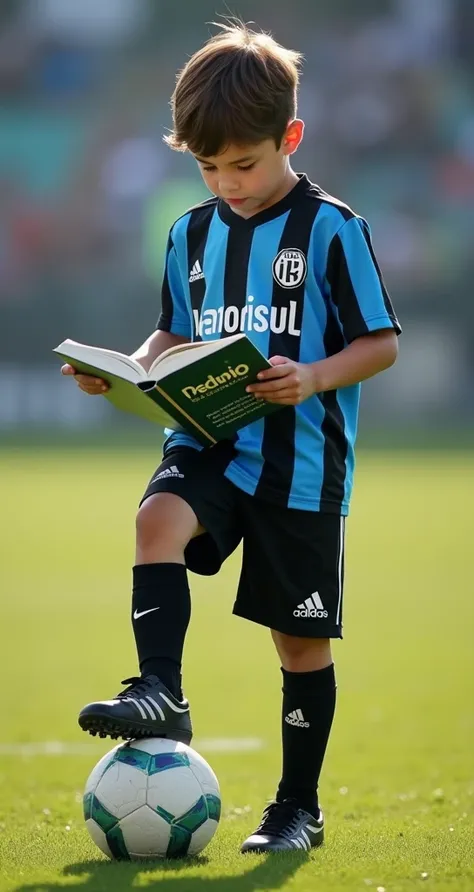 Boy looking at the book with the book in his hand reading...The book cover is striped in black and light blue on the front of the book written by GRÊMIO, With one foot in the ball, Wearing black shorts,  shirt striped with the stripes standing in the color...