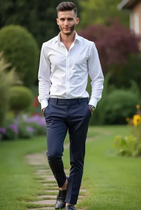 Smart boy with tight fitting pent and shirt dress and formal shoes light beard with kundi much skintone white looking forward standing in garden in walking position with good haircut with full confidence with solid body 