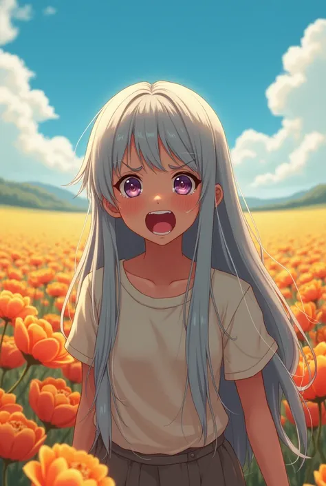  Lilia, being in the flower field, sees Truth in the distance and with teary eyes she screams at her 
A girl,  very long hair, Tears, Silver hair Open mouth, Screaming Eyes Closed , Tears,  frowns , crying, crying con los ojos abiertos,  Frown , laughing, ...