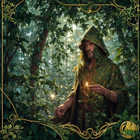 Nature theme, Green Man, Leshy, cloak made of leaves and vines, Holly and Mistletoe, four seasons