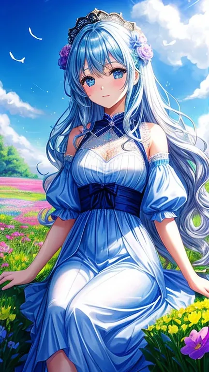 anime、kawaii"An surreal girl is sitting in a vast flower field. She is holding a colorful bouquet of flowers, and in the background there is a blue sky with white clouds. Butterflies are fluttering in the sky, and sparkling light particles are floating in ...