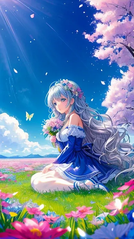 anime、kawaii"An surreal girl is sitting in a vast flower field. She is holding a colorful bouquet of flowers, and in the background there is a blue sky with white clouds. Butterflies are fluttering in the sky, and sparkling light particles are floating in ...