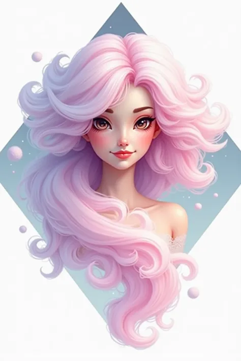 Logo rhombus. Portrait of a woman. Cotton candy instead of hair.