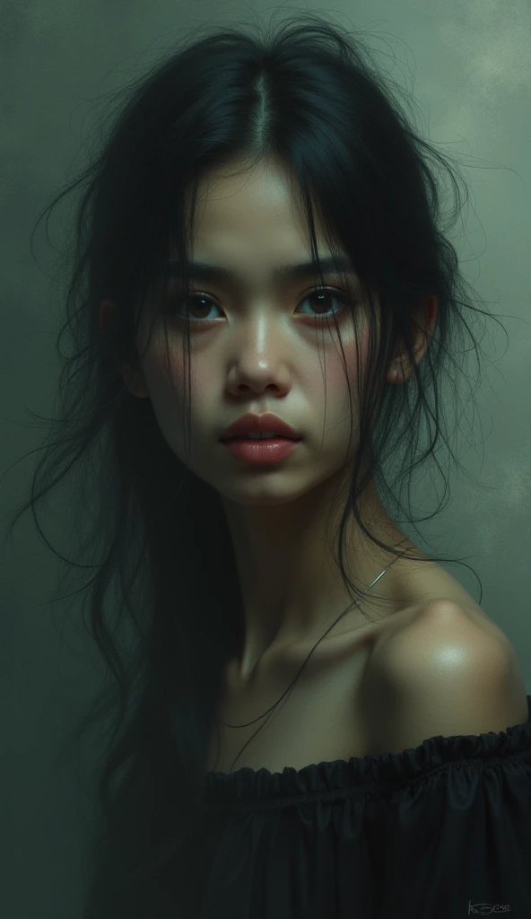 medium wide, realistic portrait of young indonesian woman age 27, But I see her in the back of my mind all the time. Like a fever, like I'm burning alive. like a sign. Did I cross the line?