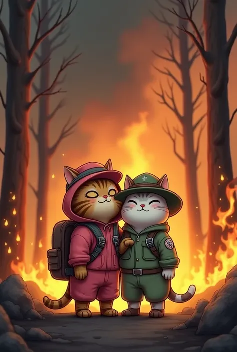  Two adorable cats standing cuddled in the middle of a burning forest , creates an emotional atmosphere .  The first cat in a striped ash wearing an adventurous hat and pink hiking outfit with a backpack strap ,  while the second ash-white cat wears a gree...