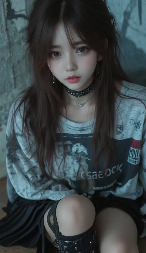 32k, Masterpiece, top quality, ( Korea's Beautiful Woman) Close-up, eye-level,  long hair, bangs, large eyes, pale skin, soft features, oversized shirt, graphic print, black skirt, pleated, studded detailing, thigh-high stockings, straps, buckles, choker n...