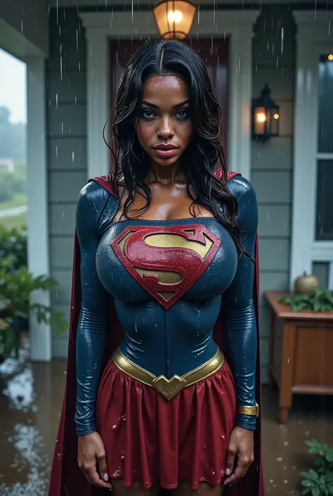  A VERY SEXY BLUE EYED, BLACK AFRICAN FEMALE WEARING A SUPERGIRL COSTUME AND CAPE. SUPERGIRL CLOTHES. SOAKING WET FROM THE RAIN OUTSIDE THE FRONT PORCH POUTING. COMPLETELY SOAKED AND WET.4K, 8K. COMEPLETE TOP TO BOTTOM VIEW. HAIR AND CLOTHESB AND CAPE DREN...