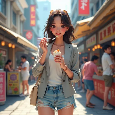 A young woman of Asian ethnicity, likely in her late teens or early twenties, is centered in the image.  She is holding a small cup of dessert and is in the act of eating it with a spoon.  She is wearing a light gray blazer, a white tank top, and light-was...