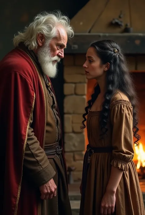 old man, With short white hair and a short full beard, a young girl faces. The old man is angry.  The girl has long , dark and curly hair. Both are dressed as if they were in the sixteenth century. A fireplace can be seen in the background. The room decor ...