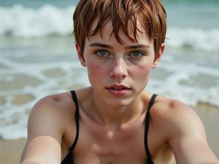  Sophia Lillis emerges from the water naked,  close up of is , is, Waves,  Full body ,  lying in the sand ,  closed mouth ,  front view , takes a selfie, wet,  drops of water run down my face ,  short hair,  wet hair,, Sinful chest ,, sinful,  you can see ...