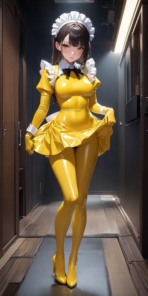  full body photo、(Masterpiece, best quality,  super high definition ),Extremely detailed CG, Japanese woman,  Maid Headband 、((( very beautiful woman))),( yellow latex maid outfit)、( Long Sleeve)、((( Yellow Latex Skirt)))、 Yellow Latex Long Gloves、((yellow...