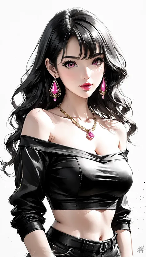 Neo-noir futuristic art style, waist-up, proportional body, semi-realistic anime-style of woman facing side. Mature woman, long, voluminous wavy black hair, loose over shoulders. Age 23. playful ((pink)) eyes, bright pink color eyes. Large, upturned, almon...