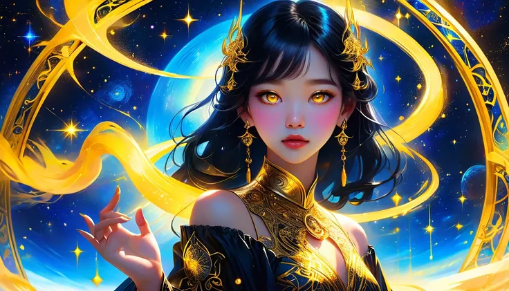 . Create a mysterious woman with glowing golden eyes, sleek black hair and elegant earrings. The figure holds a finger to her lips in a ‘silence’ gesture, evoking secrecy and urgency. Behind her, a glowing celestial background with intricate golden symbols...