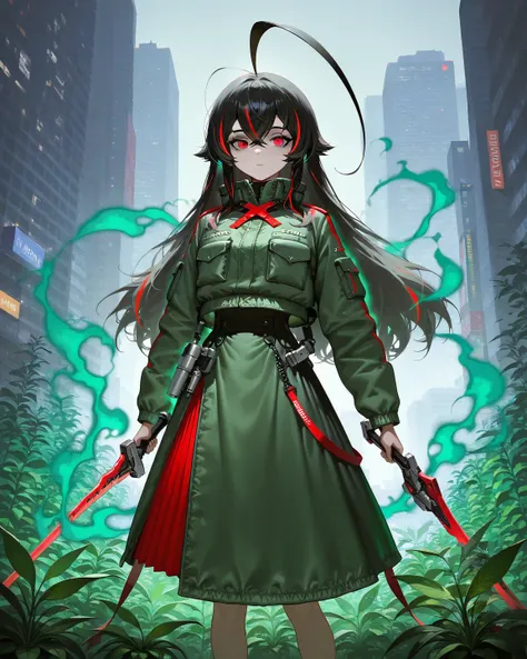  best quality,A perfect masterpiece,((perfect artwork)),16k, 1 girl, Black hair,(((highlights hair,Red streaked hair))), long hair, (((crossed bangs))),((field jacket)),((middle skirt)).((city with green skyscrapers covered in plants)),standing,cool, 20th ...