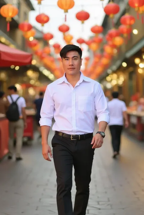  A man in a white shirt, black pants, walking on spring street , Vietnamese Traditional New Year