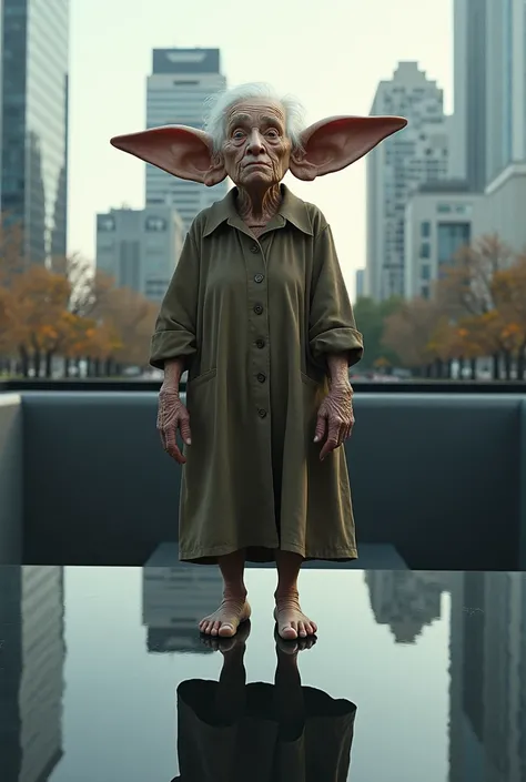 grandma with big ears hands and feet standing on the 911 memorial