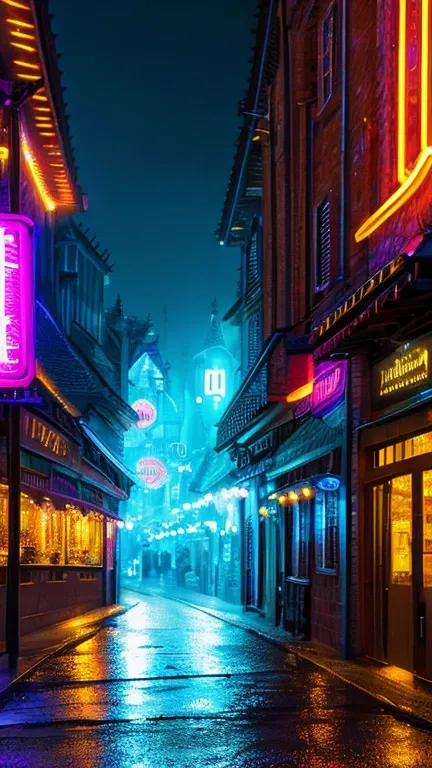 Neon illuminated medieval street at night，Ultra wide angle， Ultra HD, masterpiece ,  height detail ,  high quality ,  Best Quality , HD Symbol 