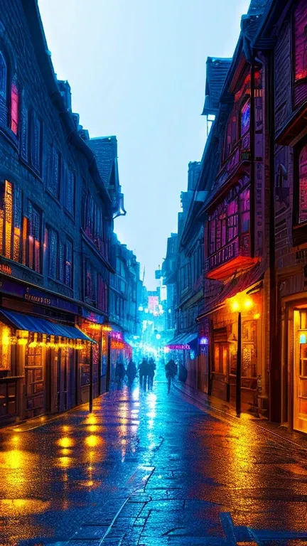 Neon illuminated medieval street at night，Ultra wide angle， Ultra HD, masterpiece ,  height detail ,  high quality ,  Best Quality , HD Symbol 