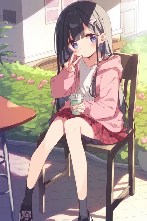 Young girl,, black hair,Erotic,nsfw,Petite,Young,Young girl体型, ,outside, oversized,big pink hoodie,Petite,blush,,blush,  is standing,  moe sleeve, cute,v,Beautiful legs, sitting on a chair, absolute domain, plaid skirt,