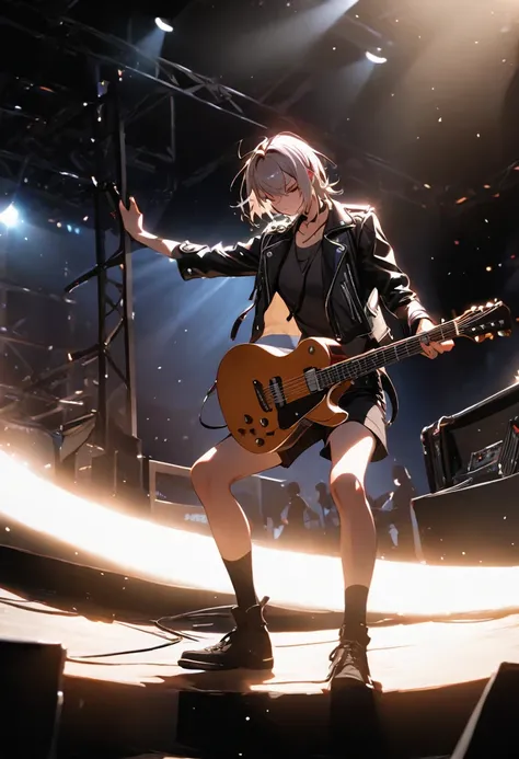  guitarist ，Open leather jacket,  shorts, stage,  Spotlight 