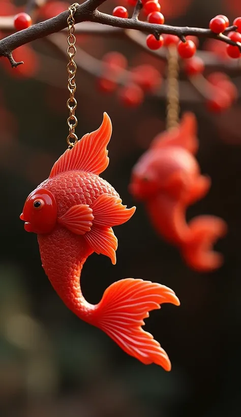 Ornamental fish carved from red coral hanging on a gold chain