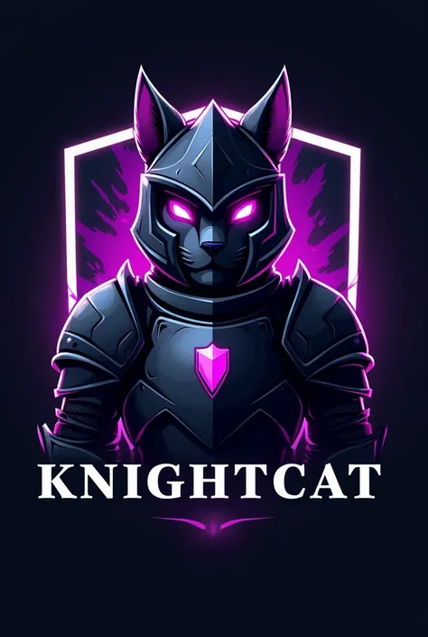 A twitch logo for a streamer named the Knightcat using purple, black and white colours with a knight aspect 