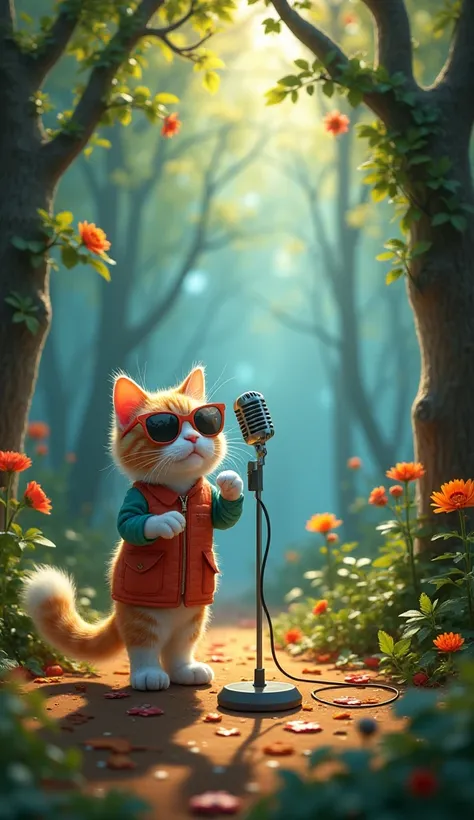 Amazing iodine forest with trees shining like chips, plants and animals shining in the light, accompanied by a br
A colored cat stands on two legs holding a microphone to sing in front of a traditional TV in a light and soft indoor environment.
   White ca...