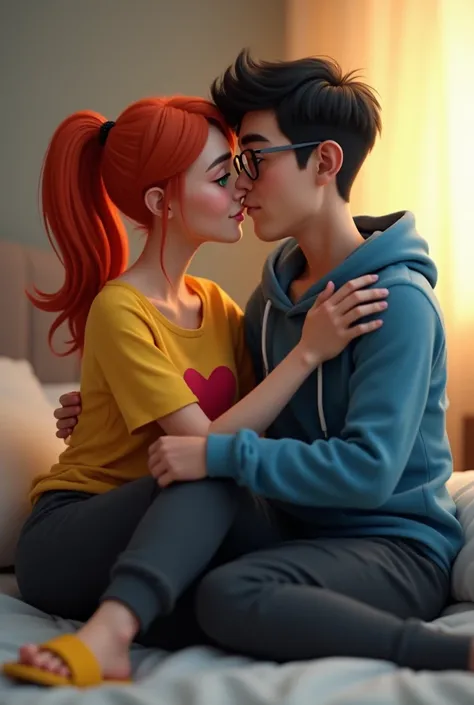 Create image in 3D and photorealistic woman red hair with ponytail and green eyes T-shirt yellow with heart sweatpants dark with slippers and man with dark short hair glasses blue hoodie and black sweatpants slippers both sitting in bed hugging and kissing...